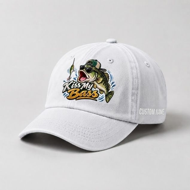 Kiss My Bass Hat Custom Name Embroidered Fishing Cap, Largemouth Bass Gift