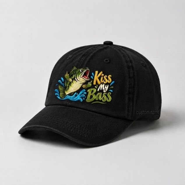 Kiss My Bass Custom Name Embroidered Hat Largemouth Bass Fishing
