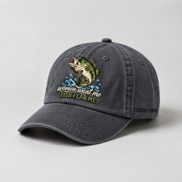 Women Want Me Fish Fear Me Largemouth Bass Embroidered Custom Name Fishing Cap, Bass Fishing Gift