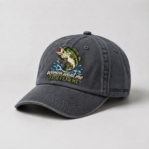 Women Want Me Fish Fear Me Largemouth Bass Embroidered Custom Name Fishing Cap, Bass Fishing Gift - 1