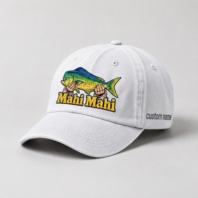 Mahi Mahi Custom Name Embroidered Fishing Hat, Big Catch Fisherman Gift