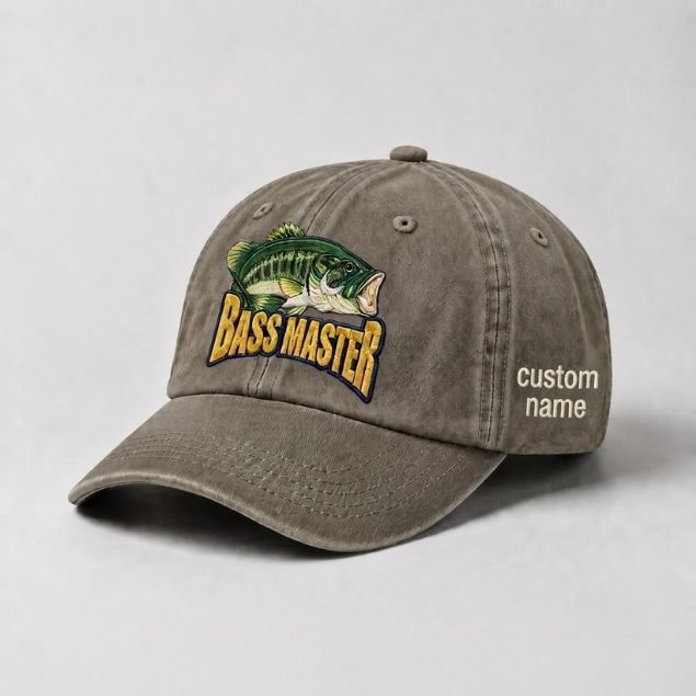 Master Baiter Bass Fishing Hat, Largemouth Bass Embroidered Cap with Custom Name