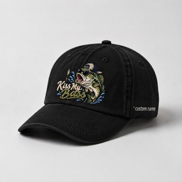 Kiss My Bass Custom Name Embroidered Hat, Funny Largemouth Fisherman Cap Gift