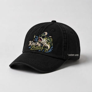 Kiss My Bass Custom Name Embroidered Hat, Funny Largemouth Fisherman Cap Gift - 2