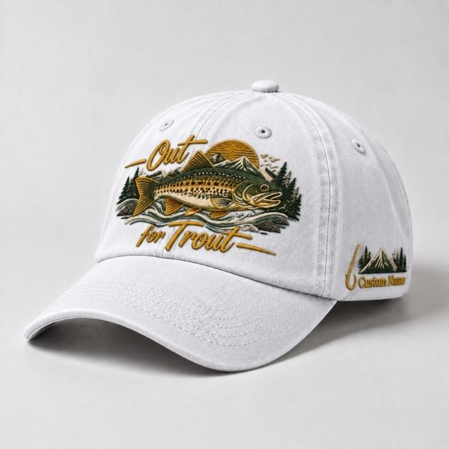 Vintage Trout Fishing Embroidered Hat Design, Custom Fisherman Cap Artwork