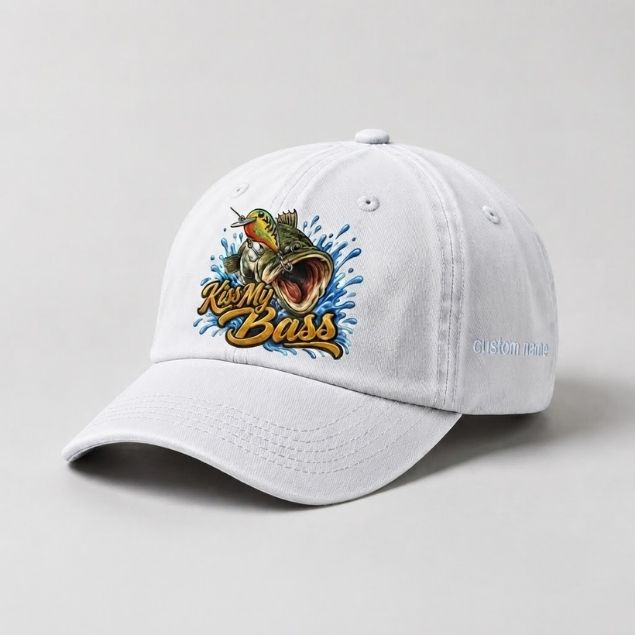Kiss My Bass Custom Name Embroidered Hat, Largemouth Bass Lure Fishing Cap