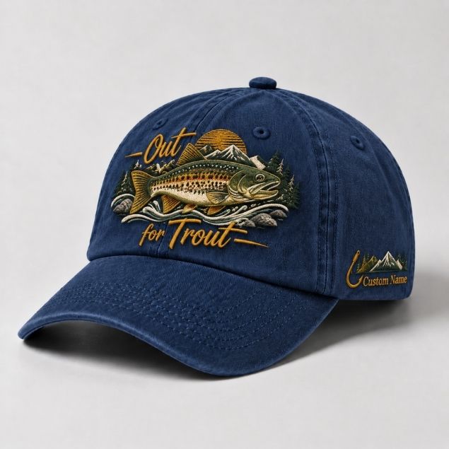 Vintage Trout Fishing Embroidered Hat Design, Custom Fisherman Cap Artwork