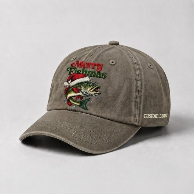 Merry Fishmas Custom Name Embroidered Hat, Personalized Christmas Fishing Cap with Santa Bass Fish Holiday Stitch Design
