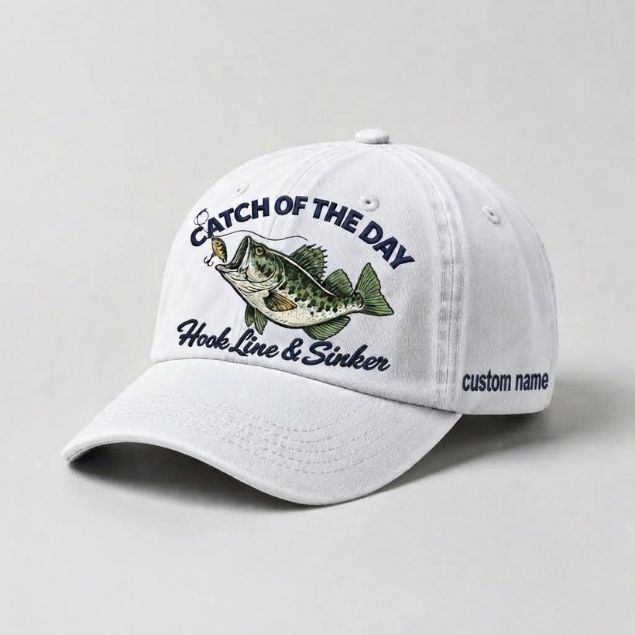 Catch Of The Day Hook Line & Sinker Custom Name Embroidered Hat, Personalized Bass Fishing Cap with Vintage Angler Stitch Design