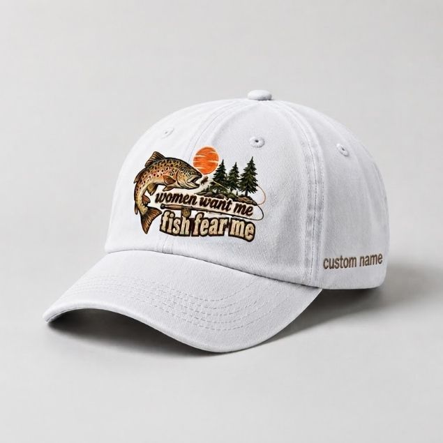 Women Want Me Fish Fear Me Brown Trout Embroidered Custom Name Fly Fishing Cap, Vintage Trout Fishing Gift