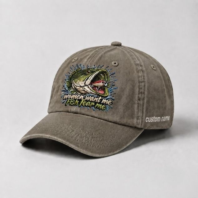 Women Want Me Fish Fear Me Largemouth Bass Custom Name Embroidered Fishing Cap, Funny Bass Lure Angler Gift