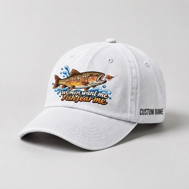 Women Want Me Fish Fear Me Brown Trout Custom Name Embroidered Fishing Cap, Funny Trout Angler Gift