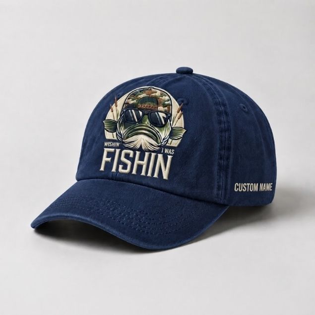 Wishin' I Was Fishin Custom Name Embroidered Hat, Personalized Funny Bass Fishing Cap with Vintage Angler Stitch Design