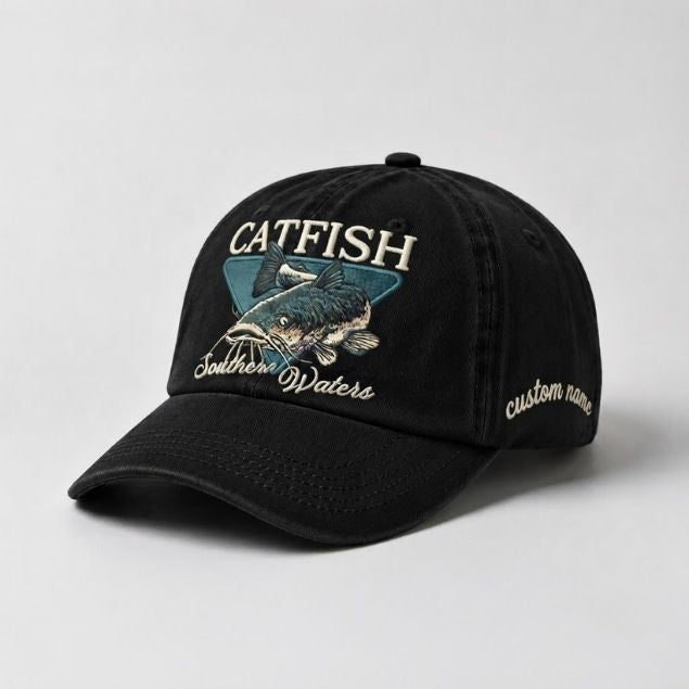 Catfish Hat Souther Waters Custom Name Embroidered, Personalized Fishing Dad Hat, River Angler Baseball Cap, Fisherman Gift