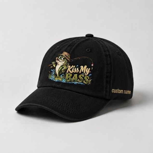 Kiss My Bass Custom Name Embroidered Hat, Largemouth Bass Fishing Hat, Angler Gift