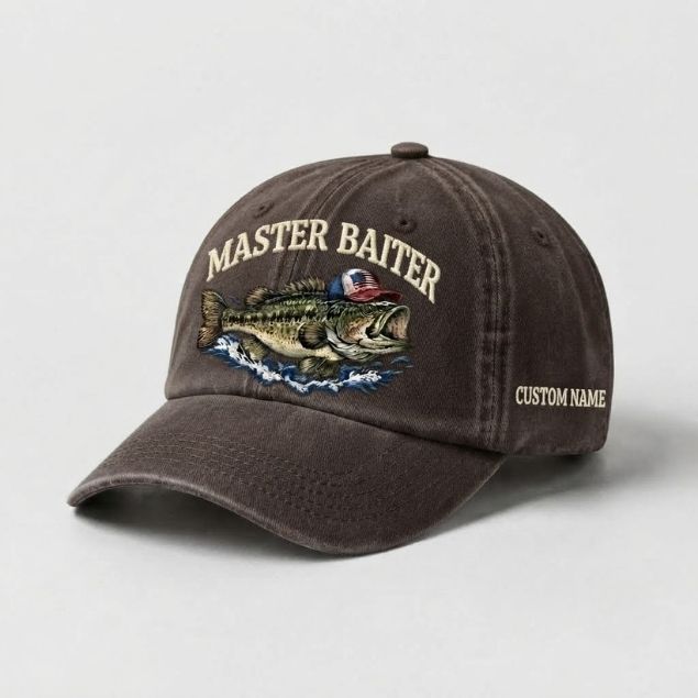 Master Baiter Bass Fishing Hat, Largemouth Bass Wave Embroidery Cap with Custom Name