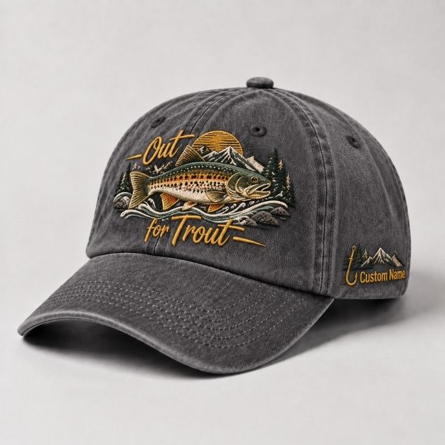 Vintage Trout Fishing Embroidered Hat Design, Custom Fisherman Cap Artwork