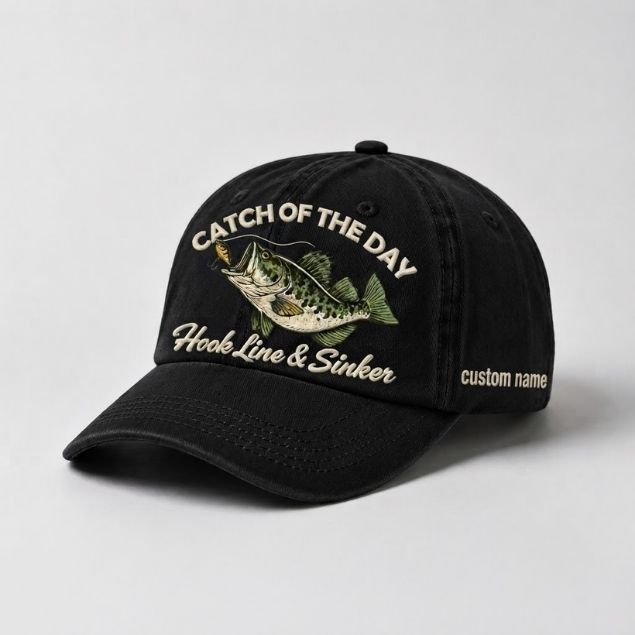 Catch Of The Day Hook Line & Sinker Custom Name Embroidered Hat, Personalized Bass Fishing Cap with Vintage Angler Stitch Design