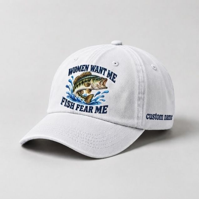 Women Want Me Fish Fear Me Jumping Bass Custom Name Embroidered Fishing Cap, Angler Gift