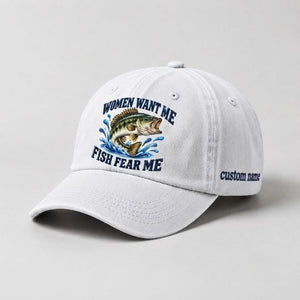 Women Want Me Fish Fear Me Jumping Bass Custom Name Embroidered Fishing Cap, Angler Gift - 4