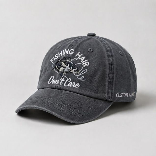 Fishing Hair Dont Care Hat Funny Bass Fishing Embroidered Dad Cap Custom Name