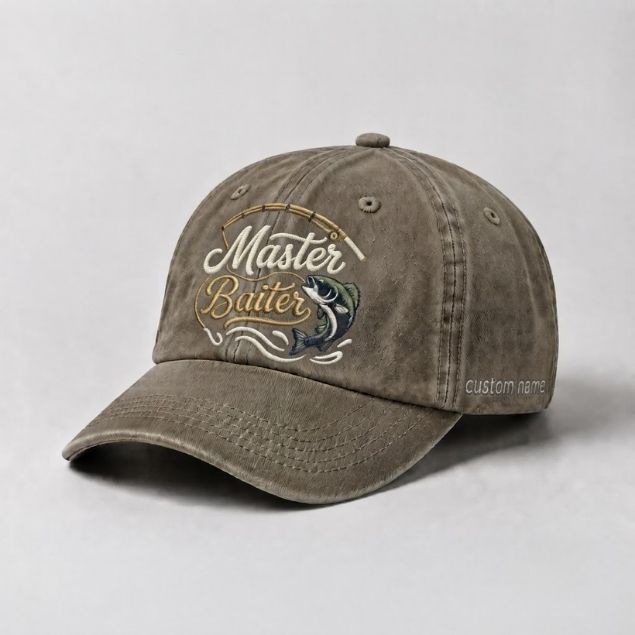 Master Baiter Bass Fishing Custom Name Embroidered Hat, Bass Angler Embroidered Cap with Largemouth Bass