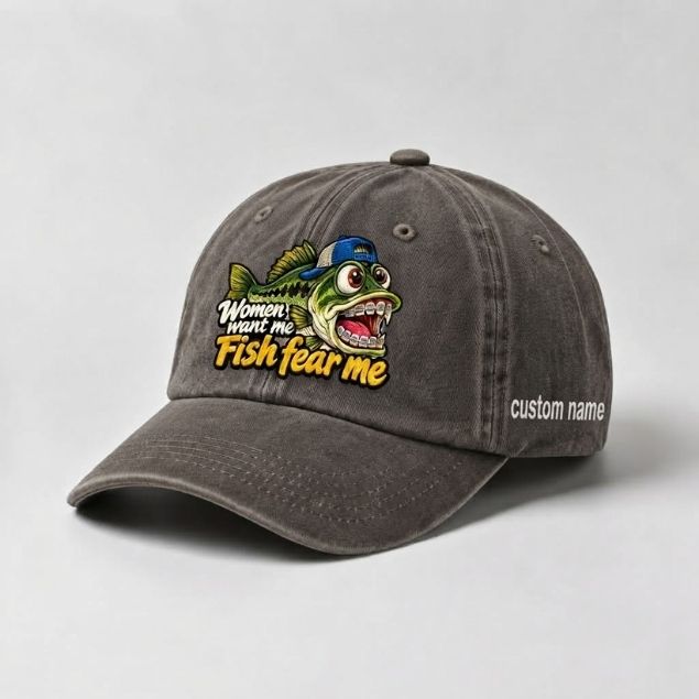 Women Want Me Fish Fear Me Largemouth Bass Custom Name Funny Embroidered Fishing Cap, Fisherman Gift