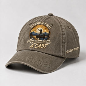 Can't Work Today My Arm Is In A Cast Embroidered Fishing Hat, Custom Name Personalized Baseball Cap, Angler Boat Sunset Embroidery Hat - 6