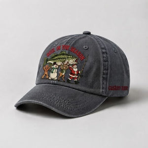 Reel In The Season Custom Name Embroidered Hat, Personalized Christmas Fishing Cap with Bass Fish - 1