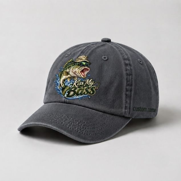 Kiss My Bass Custom Name Embroidered Hat, Largemouth Bass Sunglasses Fishing Hat