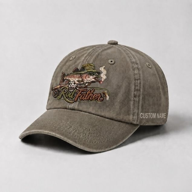 The Rod Father Fishing Custom Name Embroidered Hat, Vintage Washed Cotton Baseball Hat for Anglers