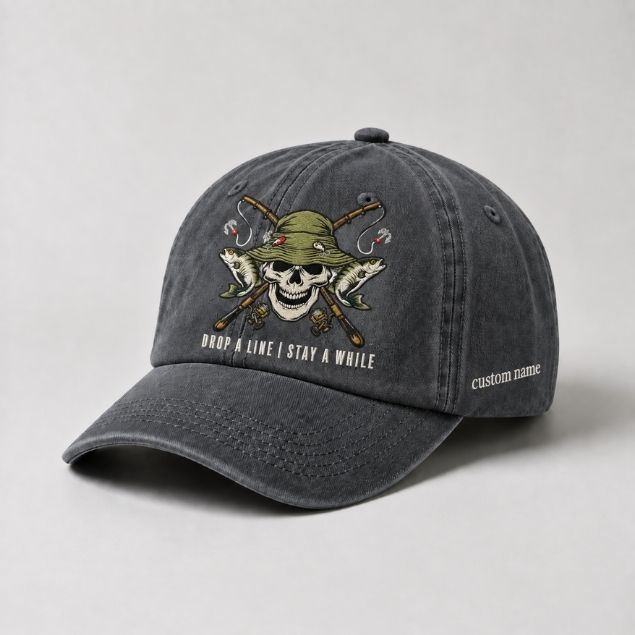 Drop A Line | Stay A While Dad Hat, Personalized Fishing Cap, Custom Name Embroidery Baseball Cap, Outdoor Angler Gift