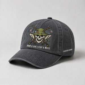 Drop A Line | Stay A While Dad Hat, Personalized Fishing Cap, Custom Name Embroidery Baseball Cap, Outdoor Angler Gift - 1