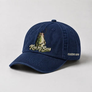 Kiss My Bass Custom Name Embroidered Hat, Hooked Largemouth Bass Fishing Cap - 3