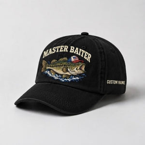 Master Baiter Bass Fishing Hat, Largemouth Bass Wave Embroidery Cap with Custom Name - 2