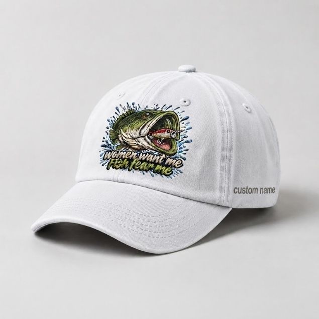 Women Want Me Fish Fear Me Largemouth Bass Custom Name Embroidered Fishing Cap, Funny Bass Lure Angler Gift
