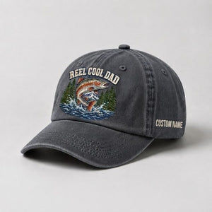 Reel Cool Dad Custom Name Embroidered  Hat, Vintage Washed Fishing Dad Cap, Angler Father's Day Gift - 1