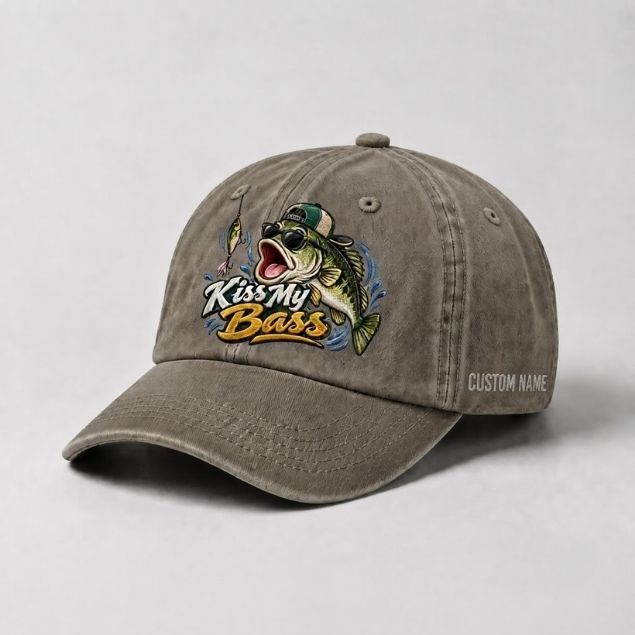 Kiss My Bass Hat Custom Name Embroidered Fishing Cap, Largemouth Bass Gift