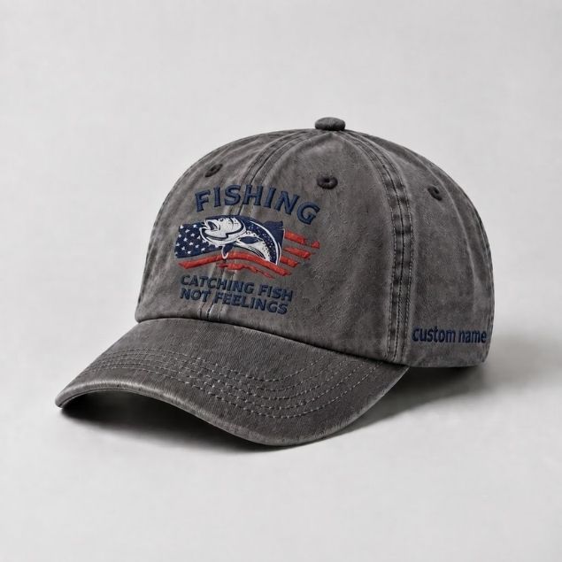 Catching Fish Not Feelings Custom Embroidered Hat, Funny USA Flag Fishing Dad Hat, Fisherman Hat Gift