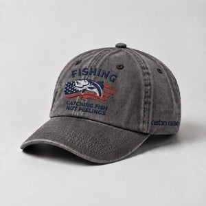 Catching Fish Not Feelings Custom Embroidered Hat, Funny USA Flag Fishing Dad Hat, Fisherman Hat Gift - 3