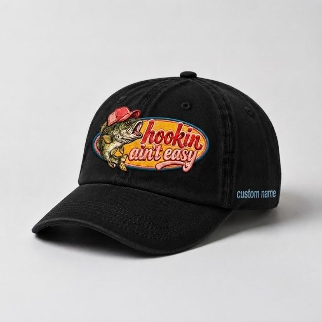 Hookin Aint Easy Bass Fish Custom Name  Embroidery Cap, Vintage Washed Cotton Hat For Women