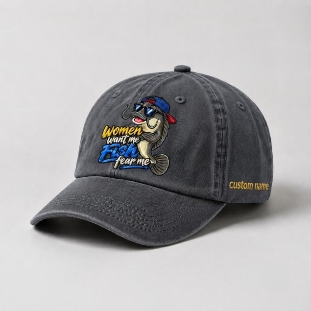 Women Want Me Fish Fear Me Custom Name Embroidered Fishing Hat, Funny Catfish Fisherman Gift