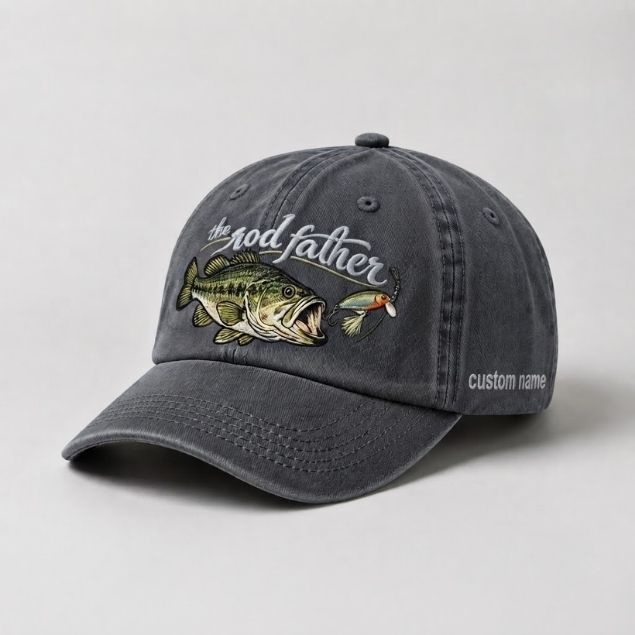The Rod Father Largemouth Bass Embroidered Hat, Custom Name Fishing Cap, Bass Lure Fishing Hat