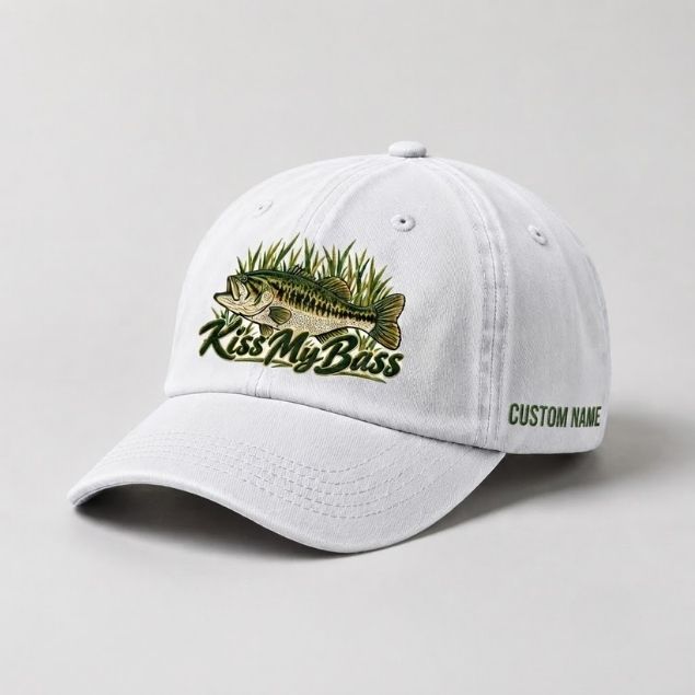 Kiss My Bass Hat Custom Name Embroidered Largemouth Bass Fishing, Fisherman Gift