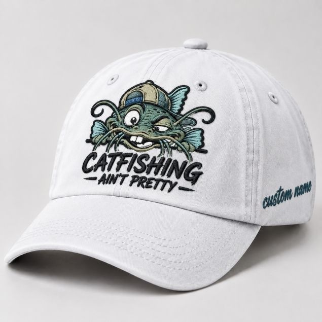 Catfishing Ain'T Pretty Embroidered Dad Hat – Custom Name Personalized Fishing Catfish Graphic Cap, Vintage Outdoor Streetwear Hat