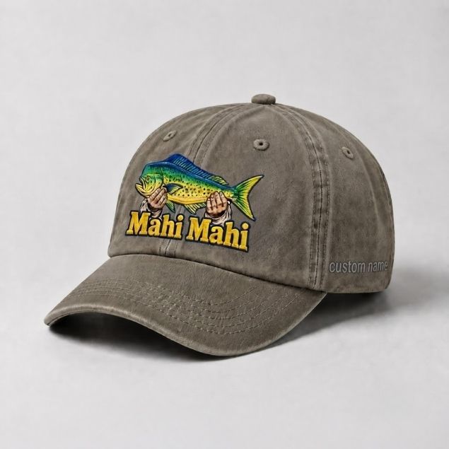 Mahi Mahi Custom Name Embroidered Fishing Hat, Big Catch Fisherman Gift