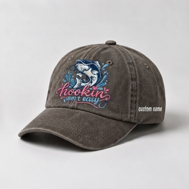 Hookin Ain't Easy Bass Fish Embroidered Hat, Custom Name Fishing Cap for Women