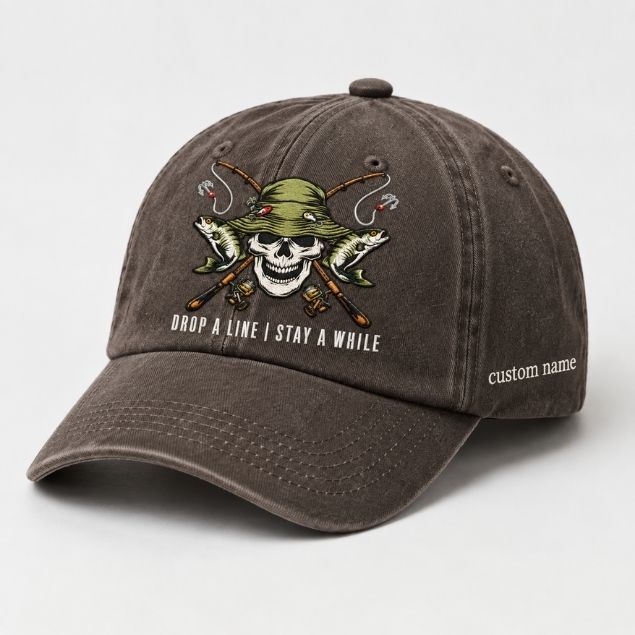 Drop A Line | Stay A While Dad Hat, Personalized Fishing Cap, Custom Name Embroidery Baseball Cap, Outdoor Angler Gift