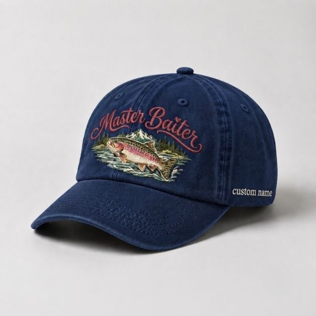 Master Baiter Rainbow Trout Hat Fishing Custom Name Embroidered Cap