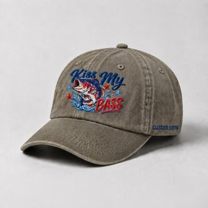 Kiss My Bass Custom Name Embroidered Hat, USA Flag Largemouth Bass Fishing Cap - 6